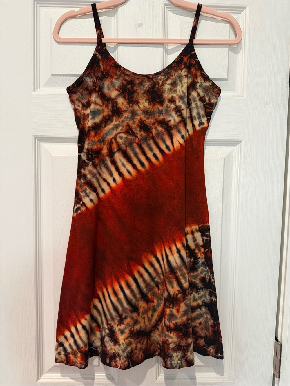 DHARMA TRADING Vintage 1990’s Rust & Black Tie-Dye Spaghetti Strap Mini Dress